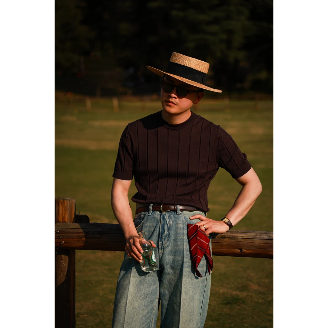 UGENTLE男装 棉丝混纺针织短袖「熔岩可可」复古棱条 男女同款T恤