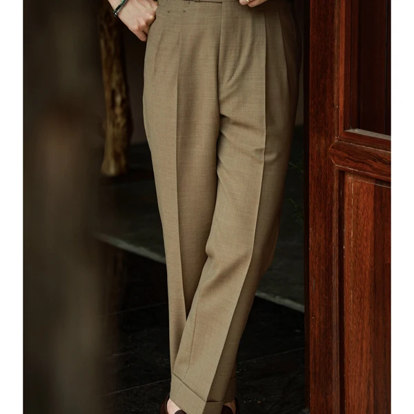UGENTLE男装 全羊毛 高定工艺「流沙棕」意式高腰 巴黎扣绅士西裤