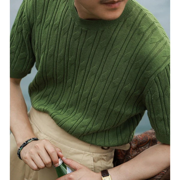 UGE男装 「 蜀南竹海 」亚麻 竹林绞花 男女同款 落肩针织短袖T恤