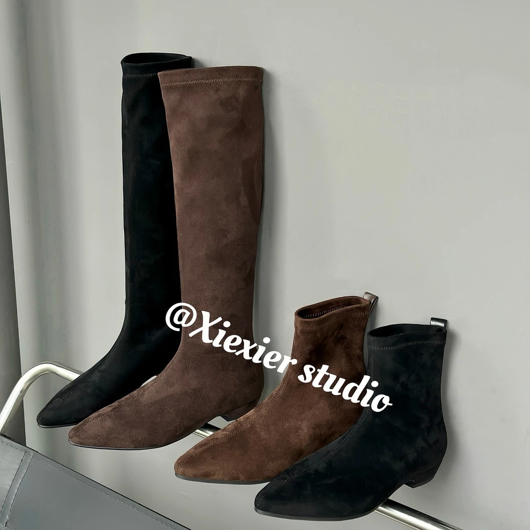 谢喜儿 | 秋冬新款时尚尖头中长靴显瘦增高绒面弹力瘦瘦靴