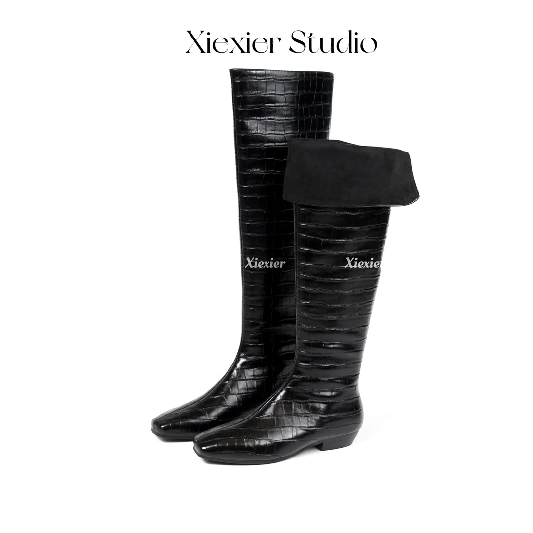 谢喜儿 | 时尚方头可折叠两穿高筒靴直筒修身显瘦骑士长靴