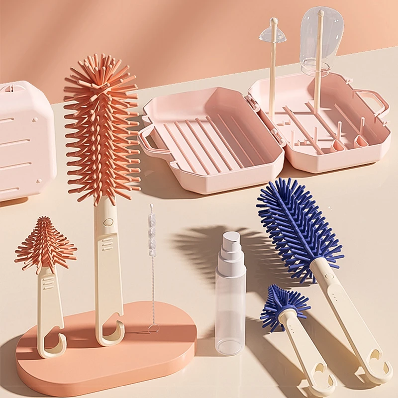 便携式奶瓶刷清洗套装硅胶奶瓶清洁刷收纳盒旅行装新生婴儿专用