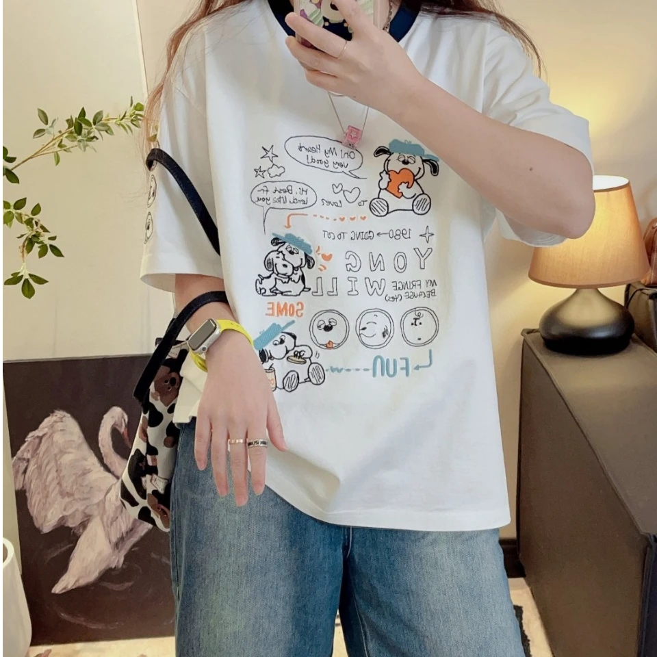 小羊纸袋3536抱抱狗圆领宽松加厚刺绣短袖T恤休闲时尚卡通ins女