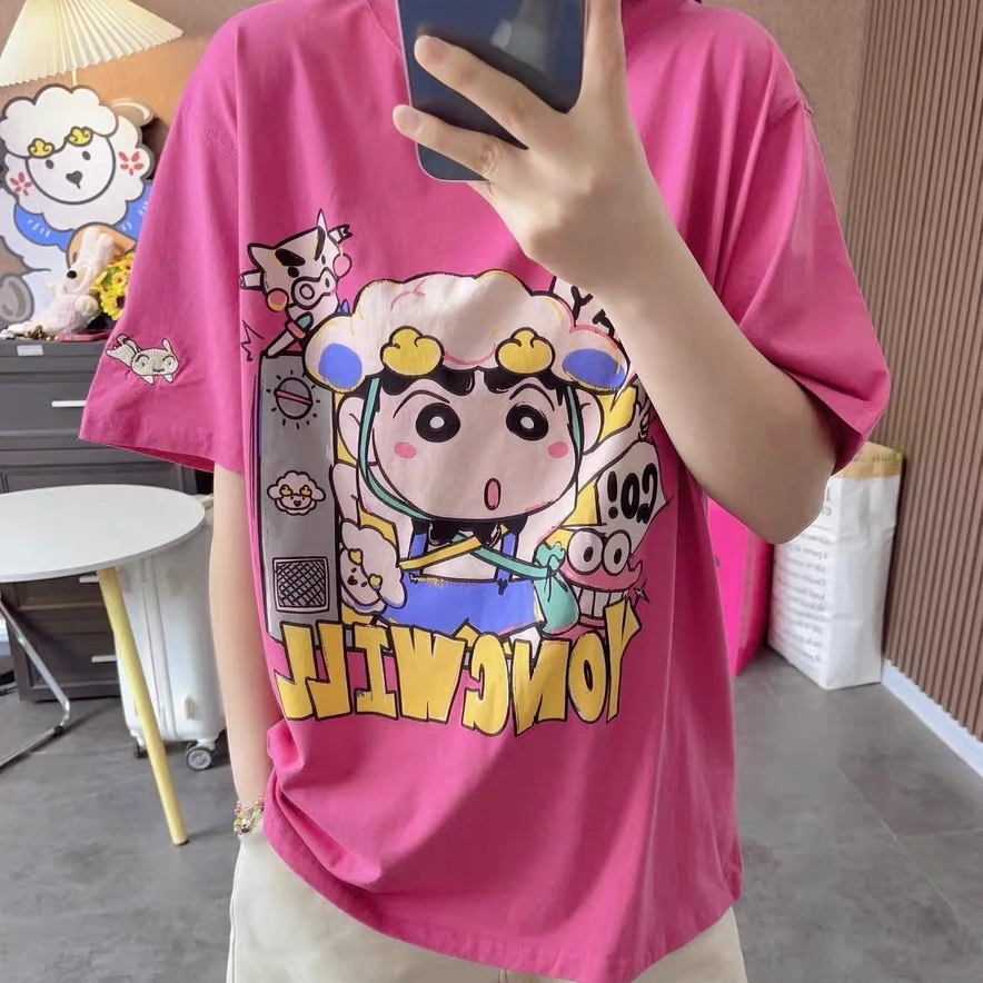 夏季新款小羊纸袋家圆领宽松无感印花刺绣短袖T恤百搭休闲减龄女