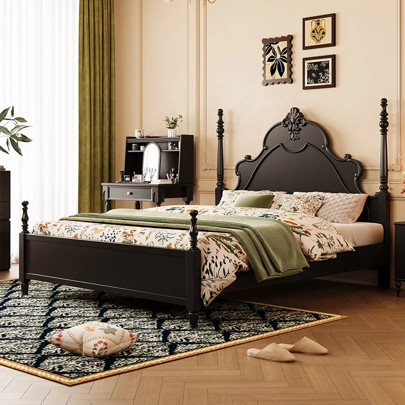 美式复古风实木床埃菲尔法式中古风双人豪华大床主卧室家用储物床
