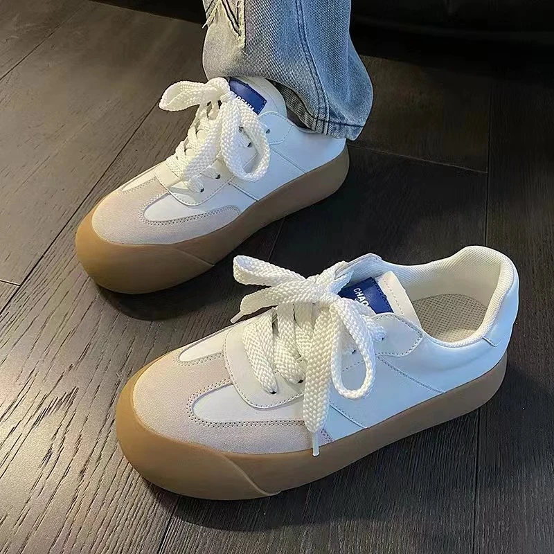 【润哥】韩版复古拼色百搭小白鞋增高厚底圆头系带休闲德训板鞋8867