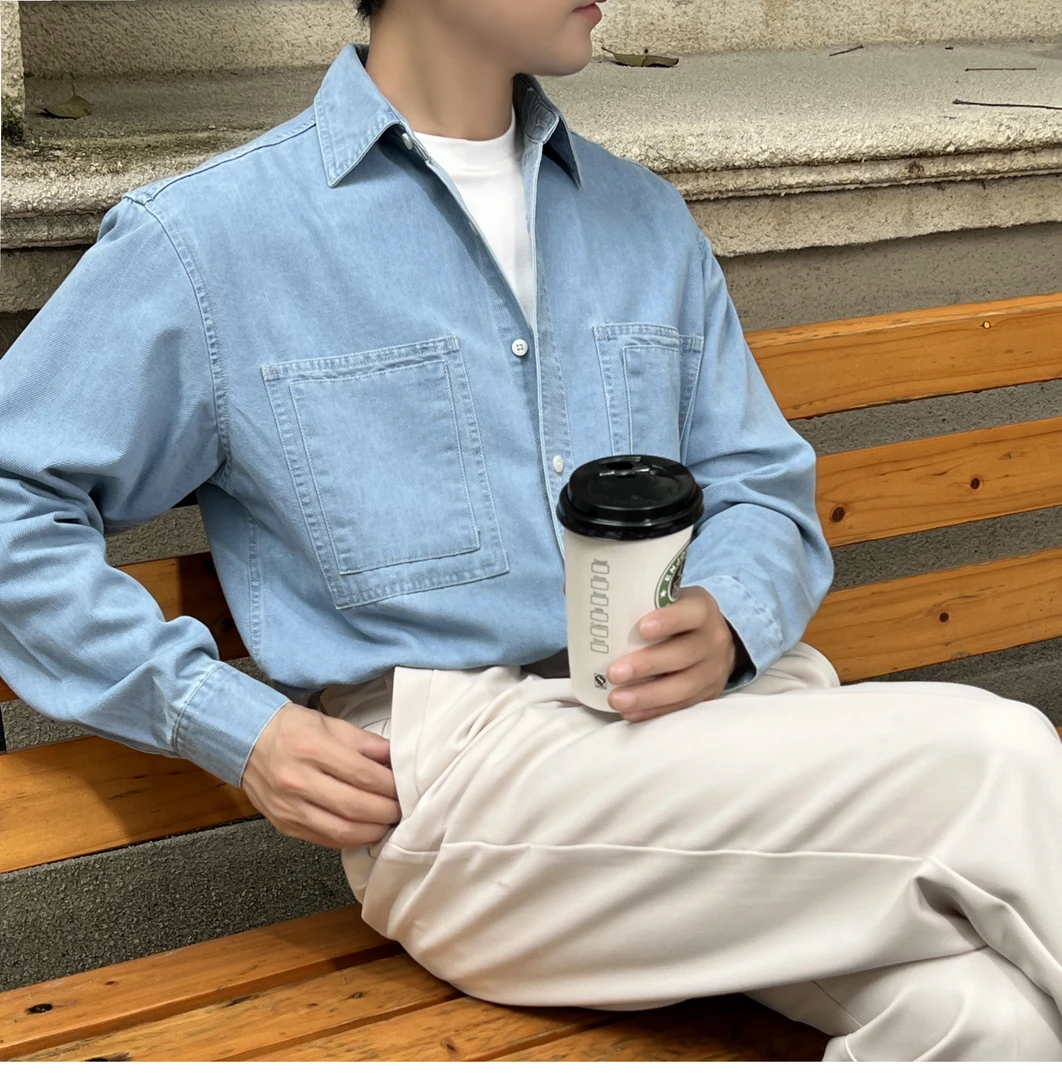 【润哥】2025春秋季新款牛仔衬衫长袖纯复古色青年男士衬衣外套2333