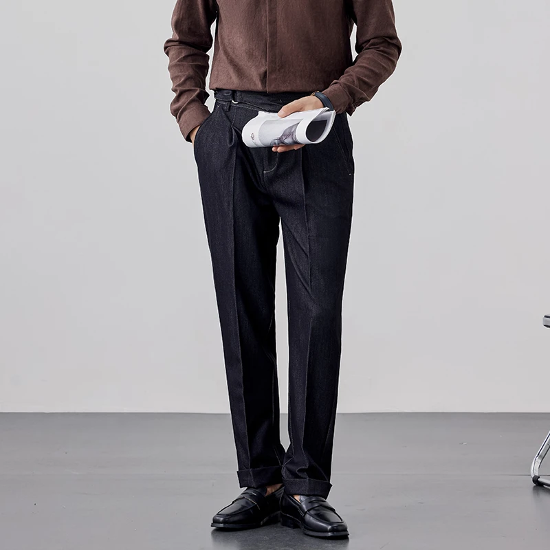 【润哥】秋季新款复古牛仔西裤男纯色简约裤子休闲百搭黑色长裤2353