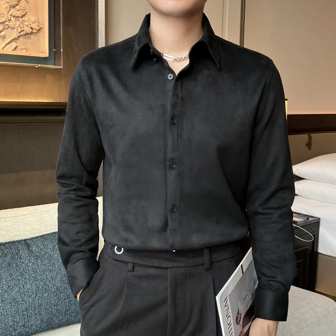 【润哥】秋冬季衬衫男黑色垂感轻奢纯色百搭帅气长袖男士衬衣2222