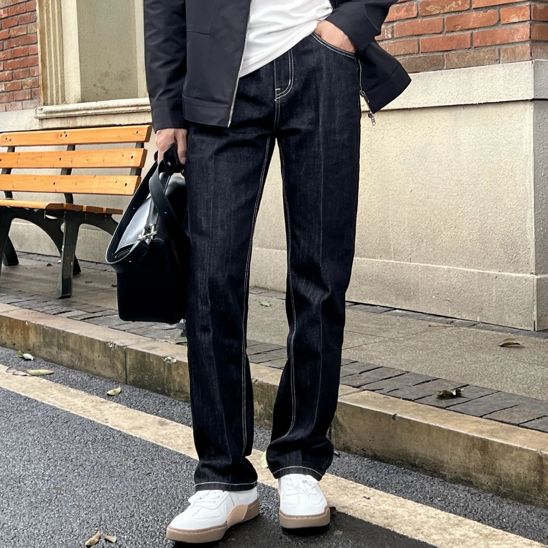 【润哥】黑色拼线牛仔裤休闲裤男高街蓝色直筒裤子百搭长裤53140