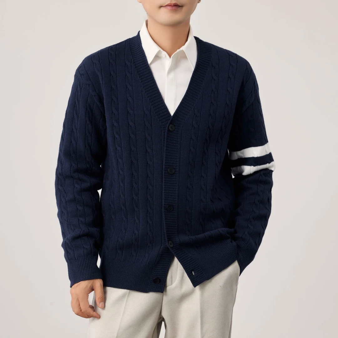 【润哥】秋冬莫代尔包芯纱条纹毛衣开衫男十二针高密度针织衫52042A