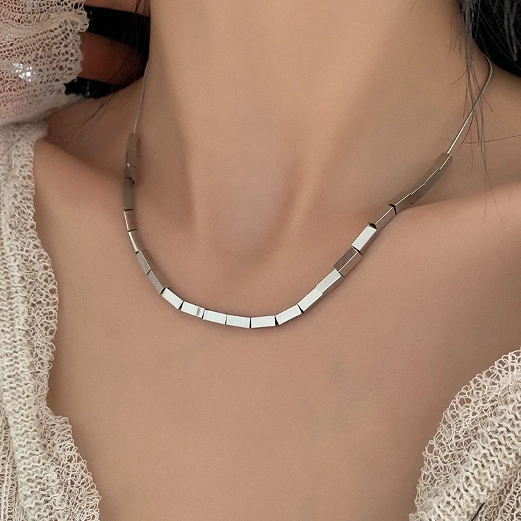 钛钢项链 时尚百搭款白金色方管项链0504