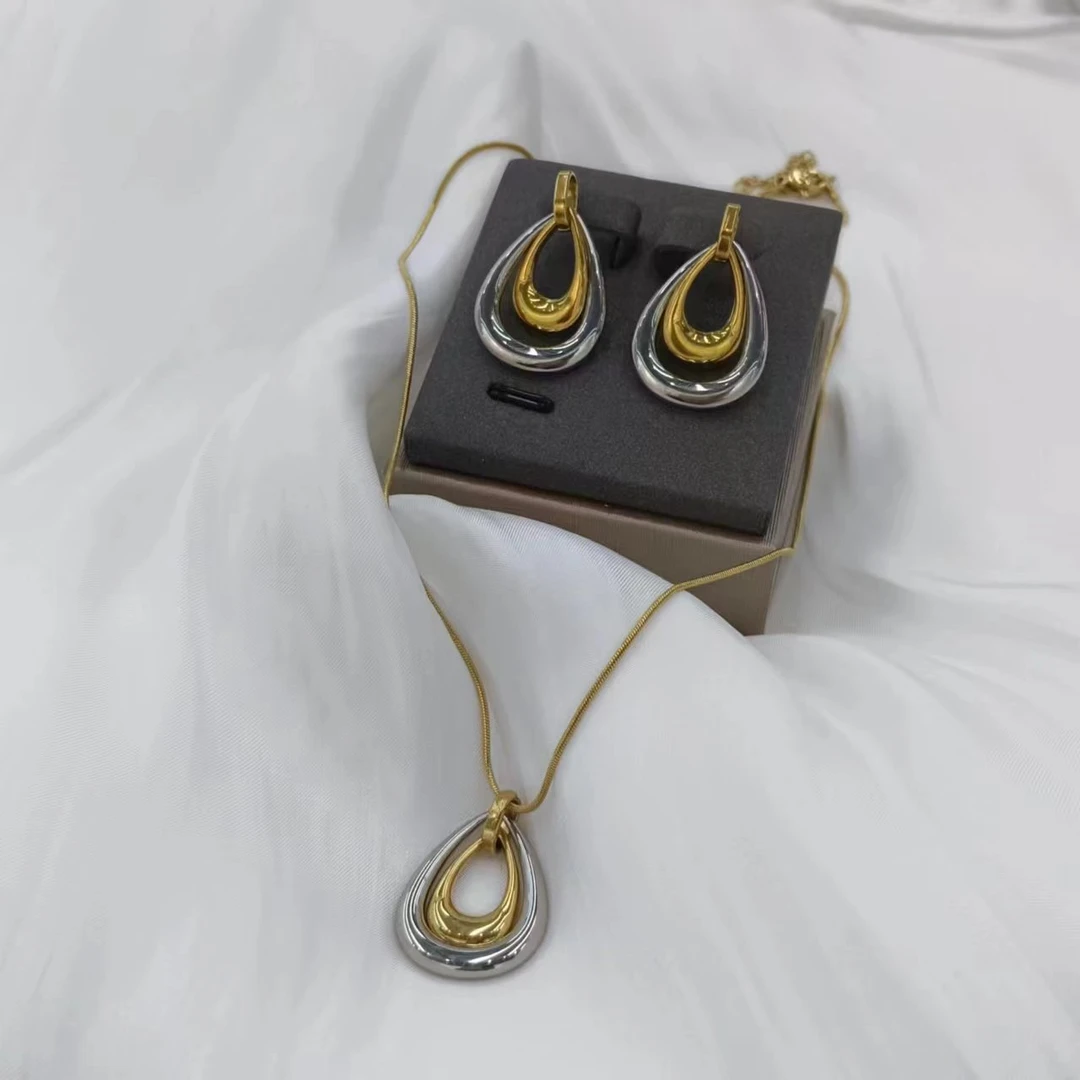 钛钢项链 轻奢百搭双色水滴项链/耳钉0642