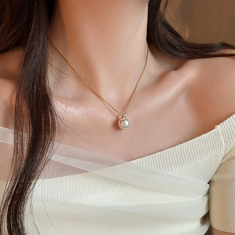 钛钢仿珍珠项链 法式轻奢气质款单颗贝珠项链0599.