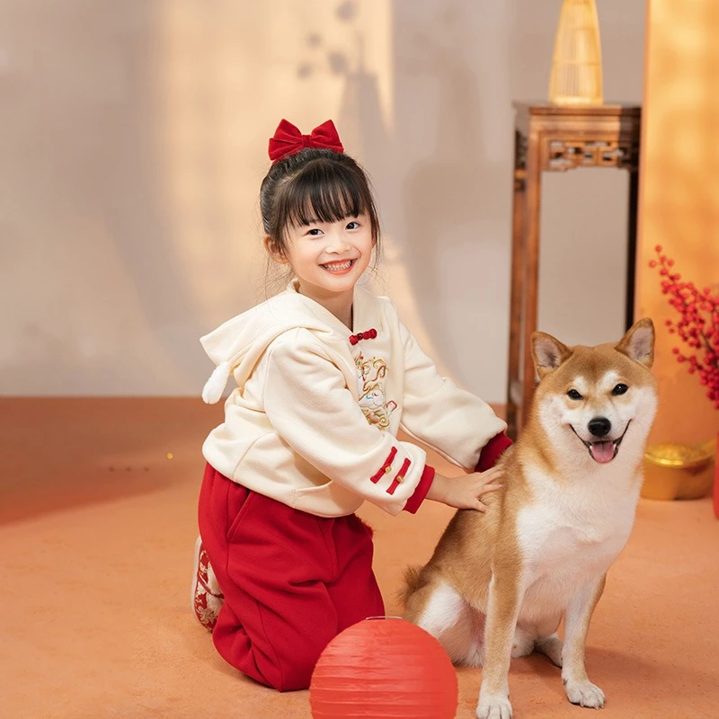 鹿熹.儿童汉服女童古风超仙宝宝儿童唐装连帽卫衣裤子加厚款套装