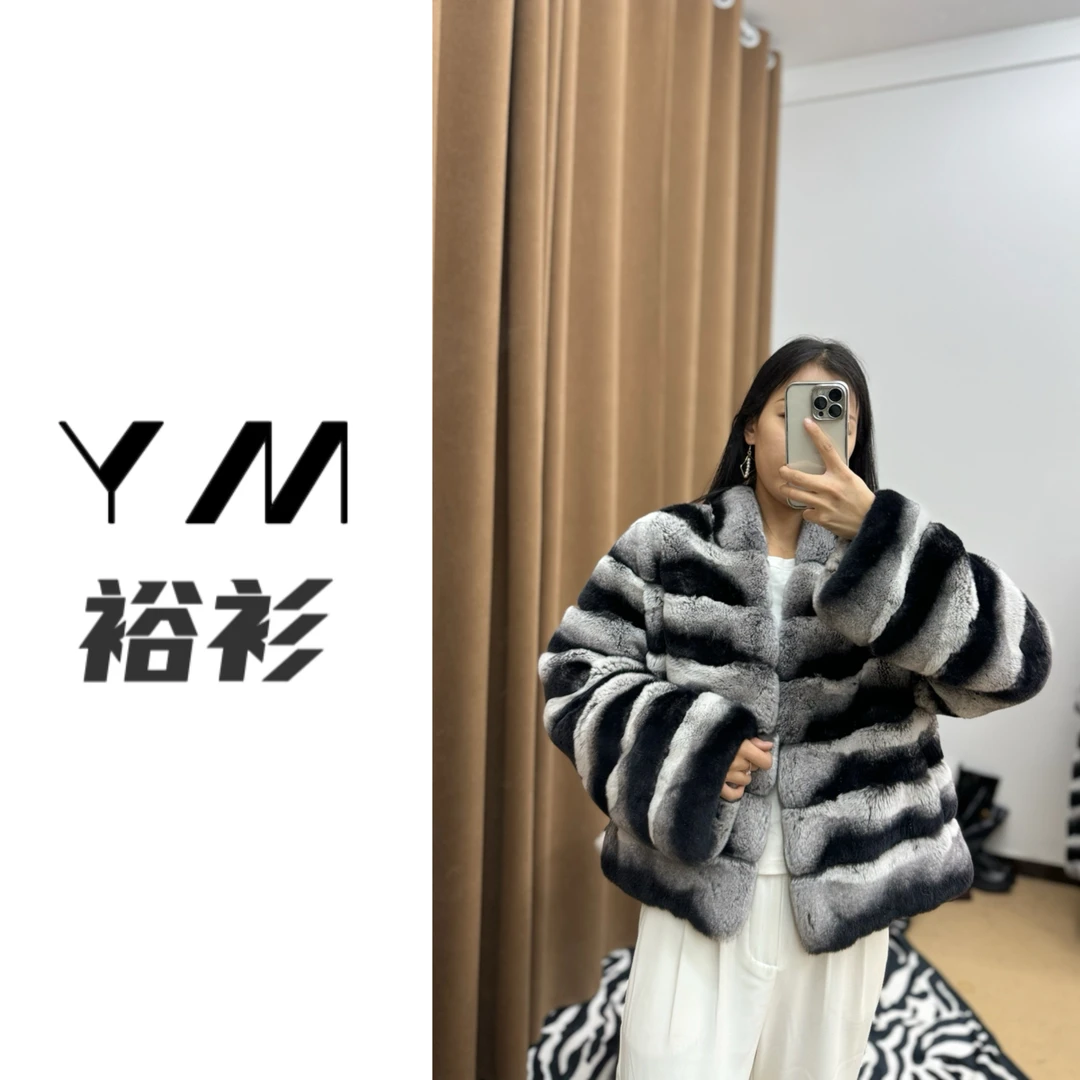 【典式优雅】微喇袖立v领 龙猫色60cm保暖獭兔短外套