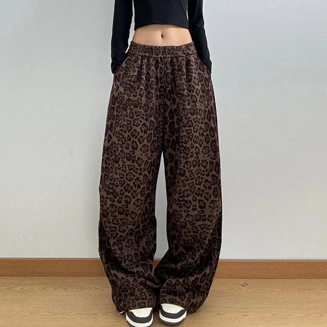 高品质豹纹休闲裤女2024秋季松紧高腰抽绳宽松显瘦阔腿长裤高街