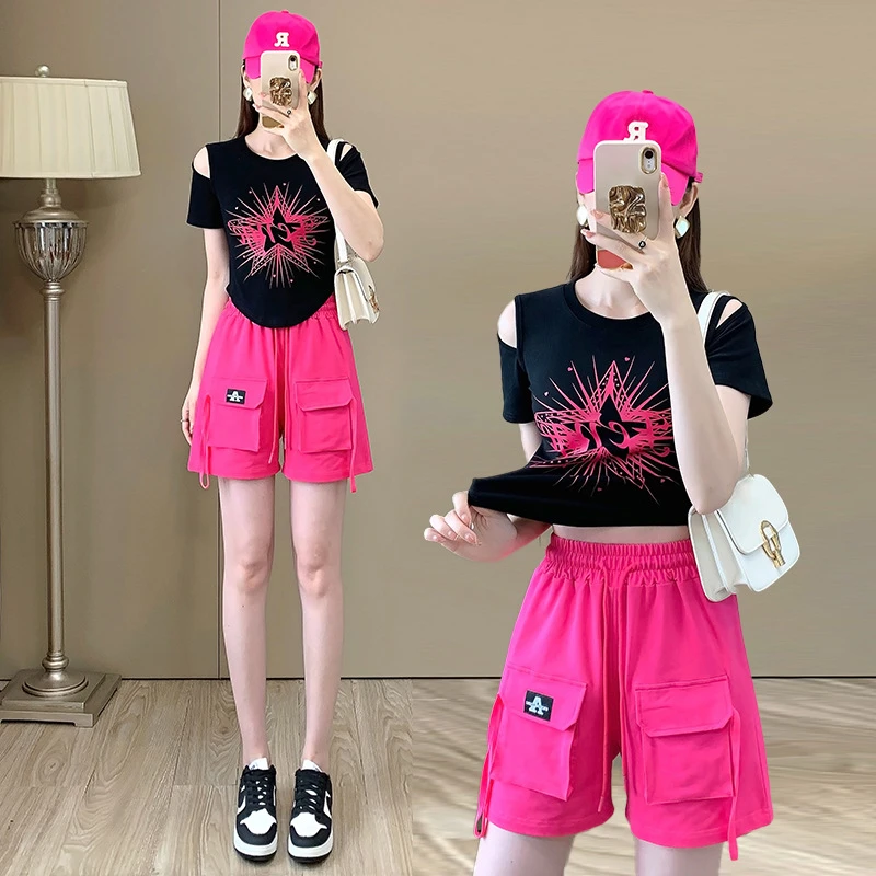 2024夏季新款短袖T恤女夏季炸街短袖T恤搭配工装裤两件套洋气