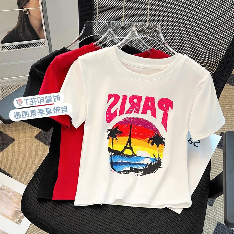 夏新款美式复古休闲圆领艺术绘画短袖T恤网红短款洋气设计感队服