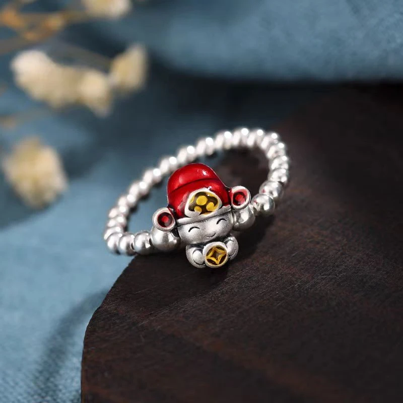 足银戒指 柒桉足银999财神爷圆珠戒指新中式国风银珠新年招财指环