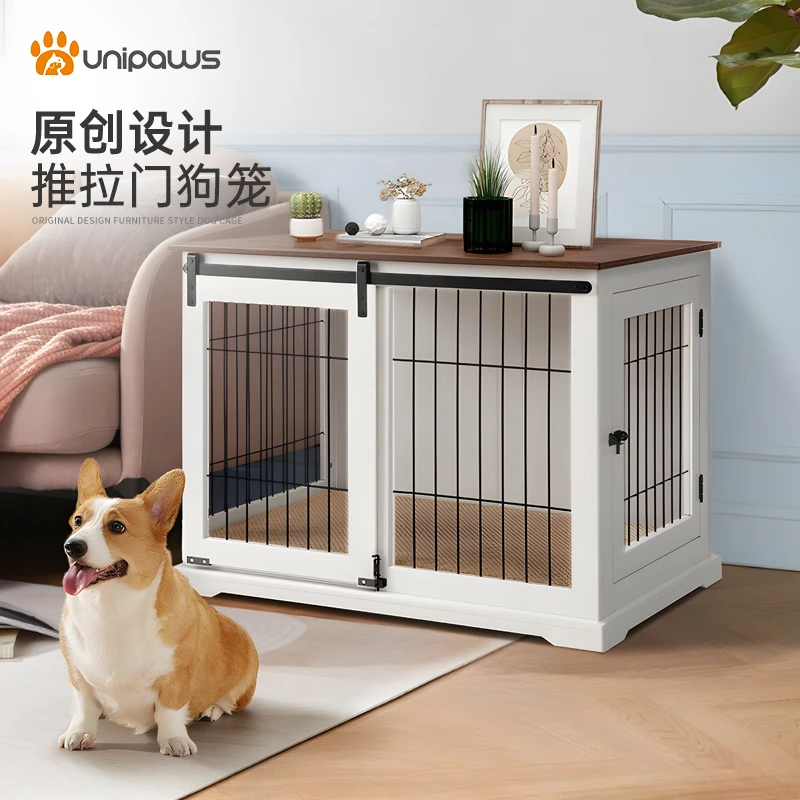UNIPAWS推拉门狗笼子大中小型犬狗屋别墅狗窝木制狗房子宠物家具
