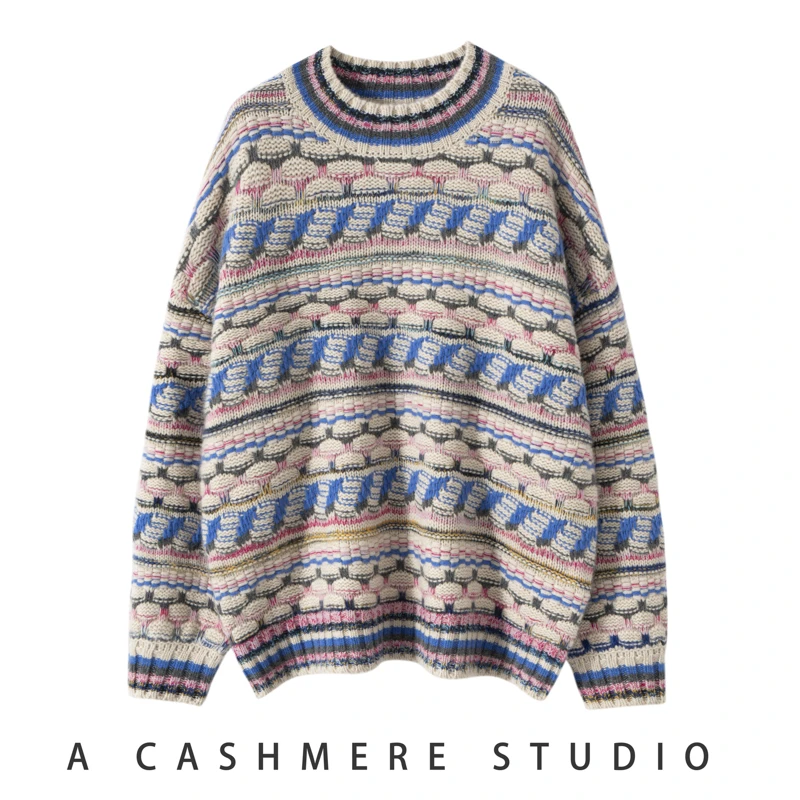 2024秋冬新款100%山羊绒针织圆领花色女套衫