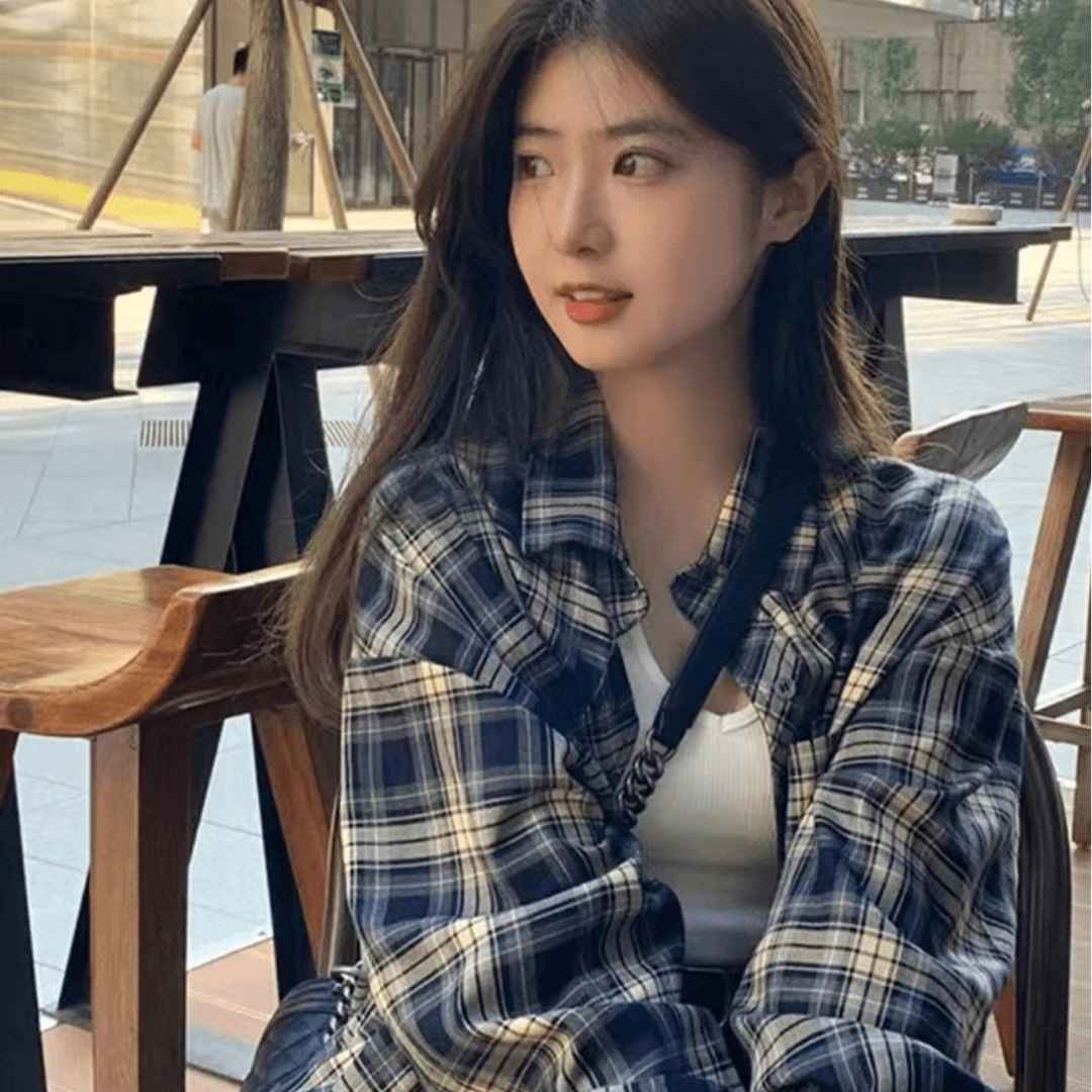 03港风韩版格子衬衫时尚百搭ins风休闲衬衫宽松显瘦百搭设计感