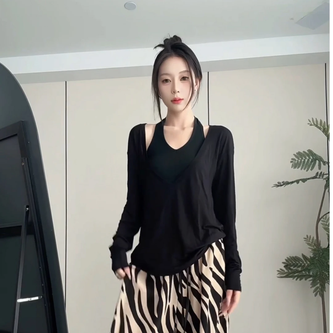 YUSSI慵懒大V领莱赛尔防晒宽松显瘦微透百搭长袖上衣套装