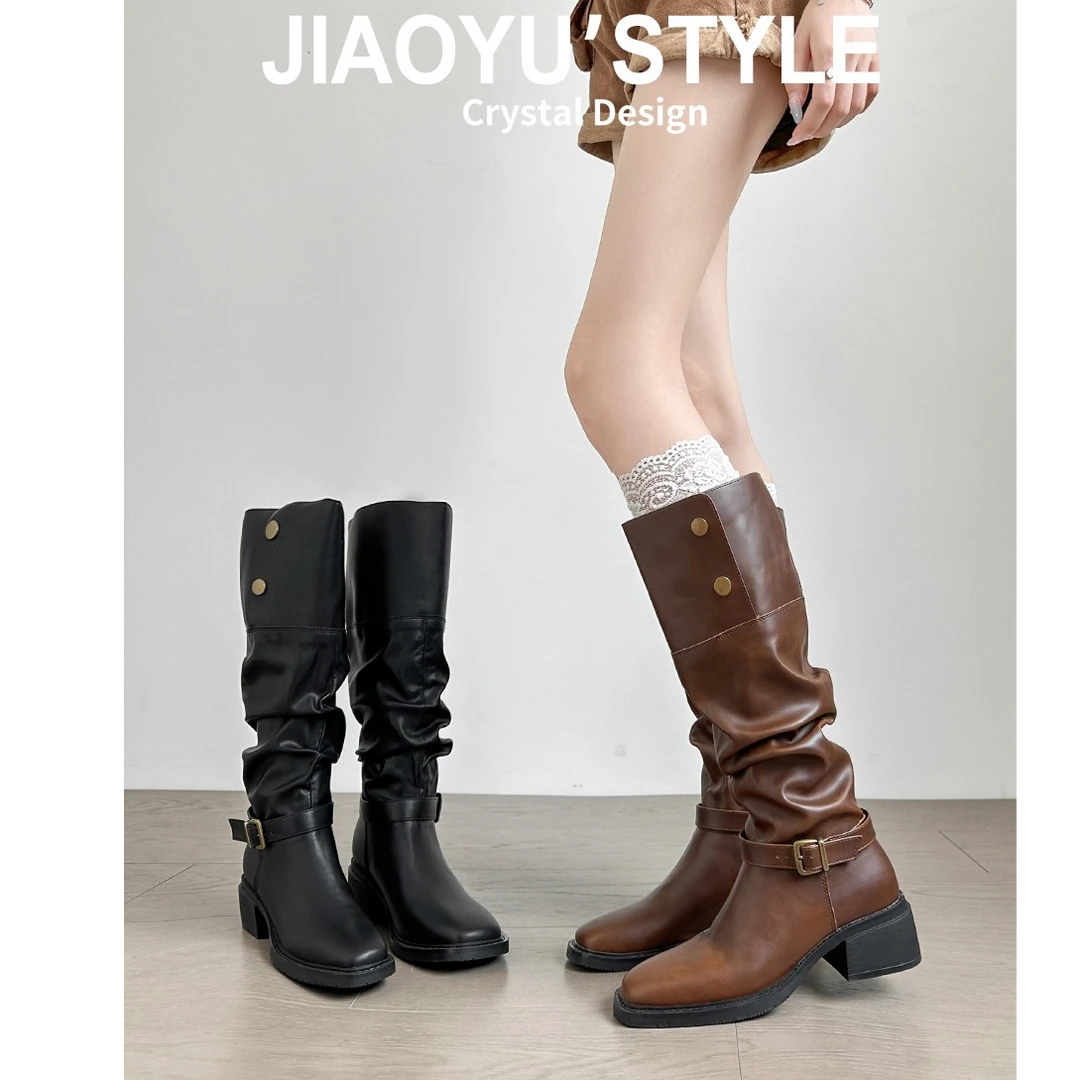 西部牛仔堆堆长筒靴真皮粗跟复古棕色v口2024秋季尖头高筒靴子女