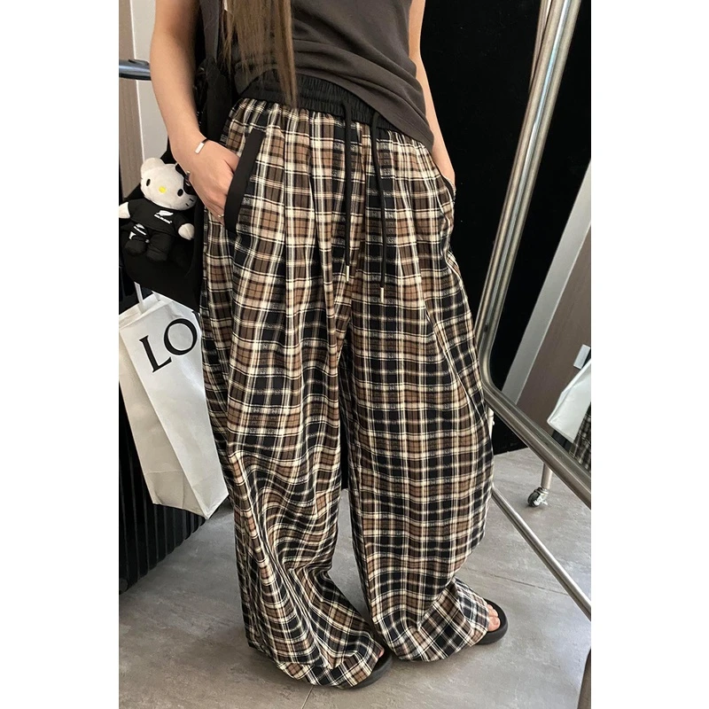 秋季新品阔腿裤女宽松显瘦直筒高腰美式复古撞色格纹拖地休闲裤子
