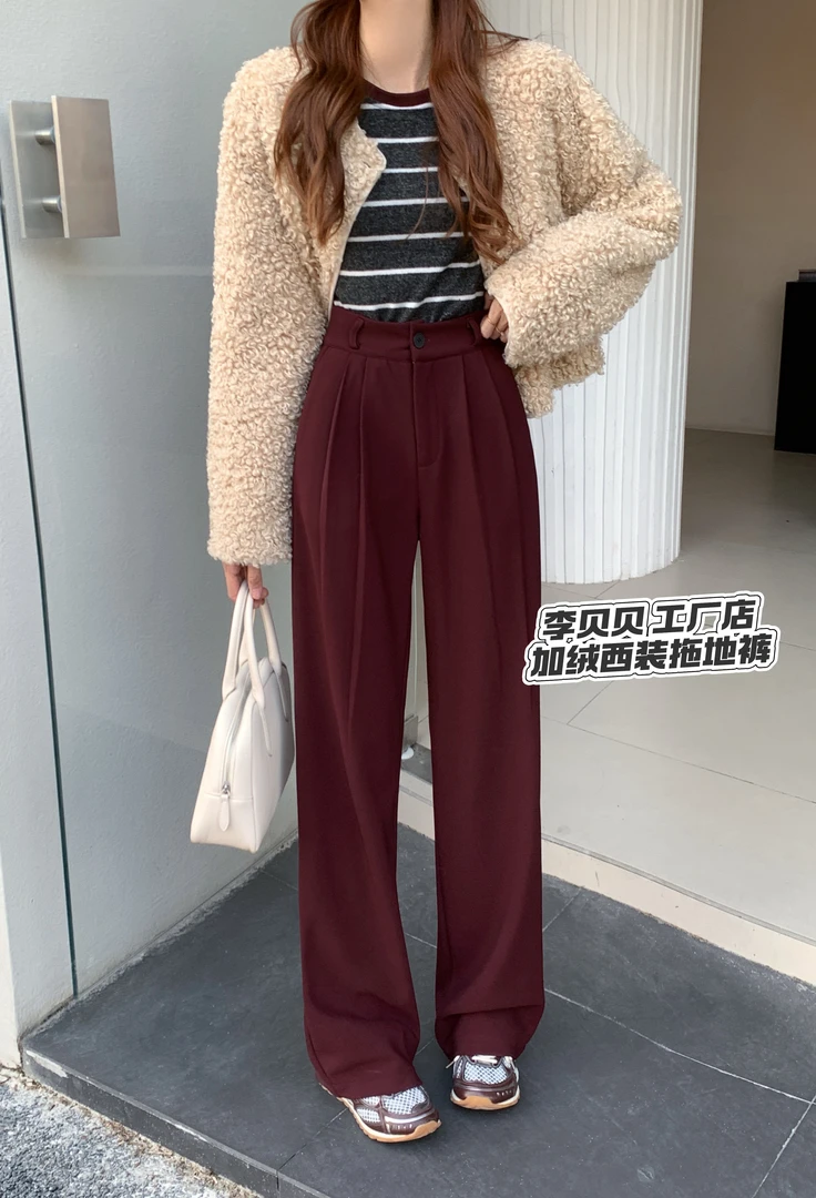 2025加绒高腰窄版阔腿裤女新款加绒显瘦垂感直筒休闲拖地长裤