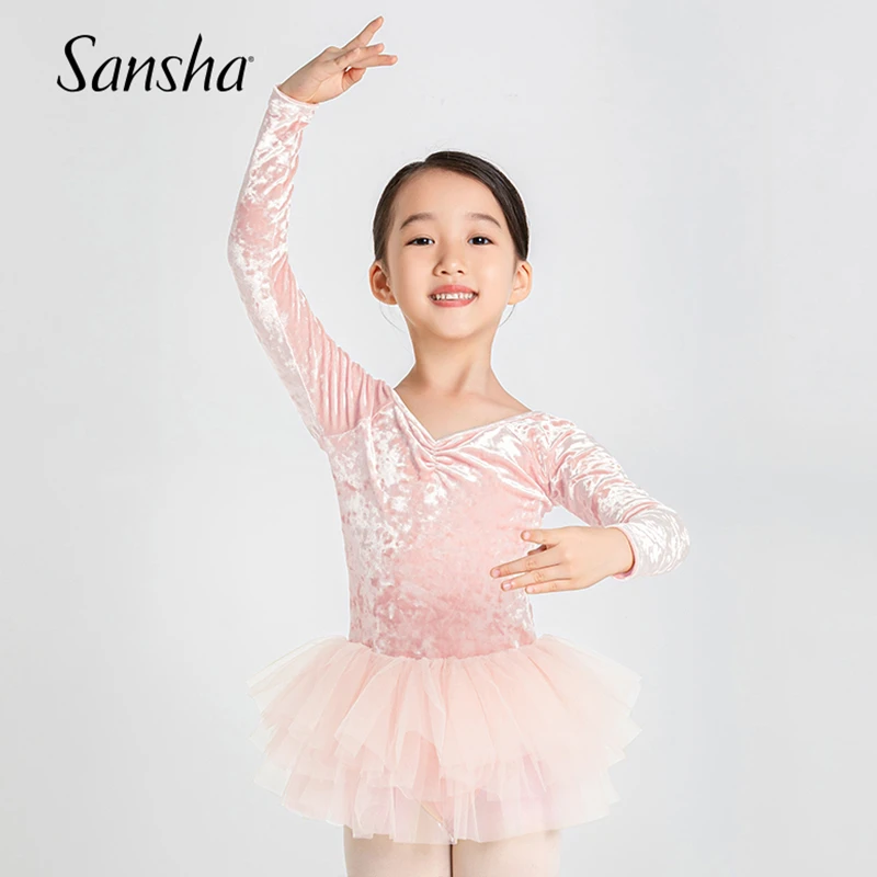 sansha 三沙芭蕾舞蓬蓬裙 儿童舞蹈服秋冬钻石绒长袖练功裙开裆