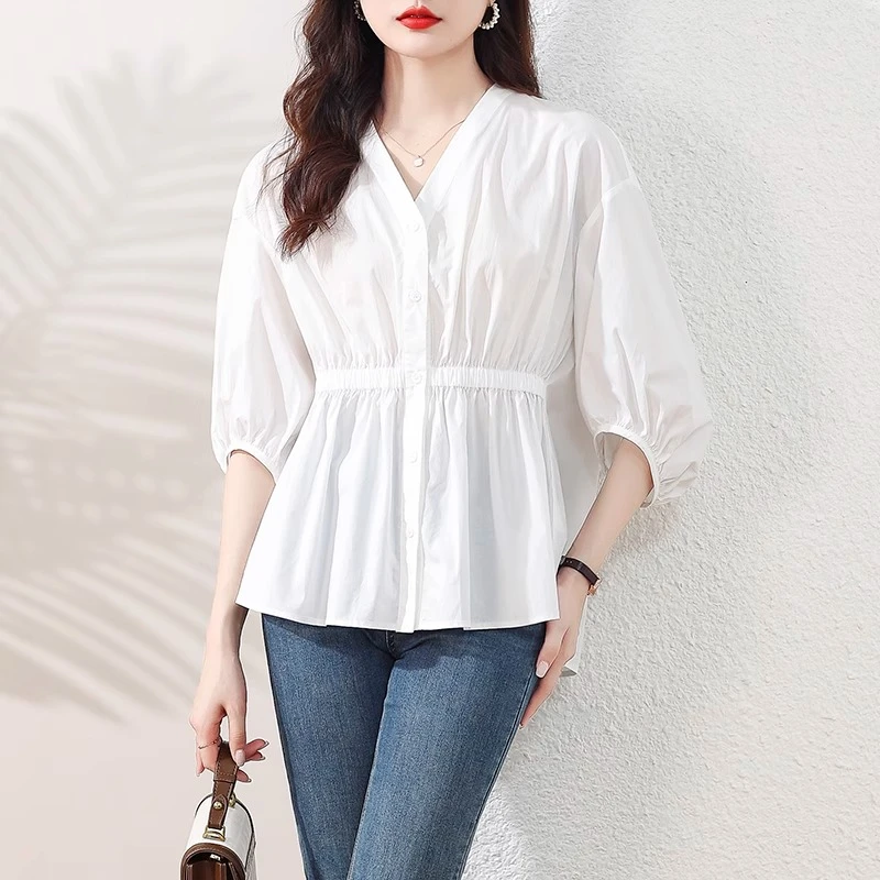 爆款七分收腰衬衫女夏季宽松显瘦洋气肚子上衣衬衫外套春秋遮肚