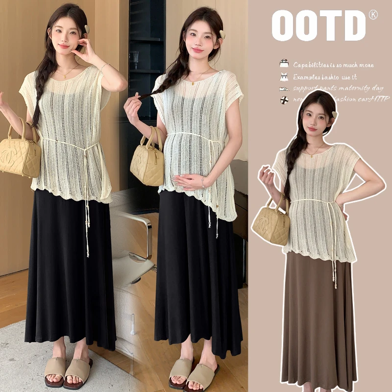 夏季新品孕妇装镂空宽松系带罩衫时尚吊带高级感洋气孕妇连衣裙