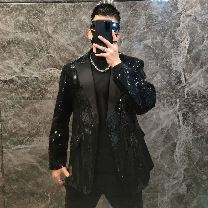 新款时尚高级重工设计感亮片西装外套男个性潮流帅气演出宽松西服
