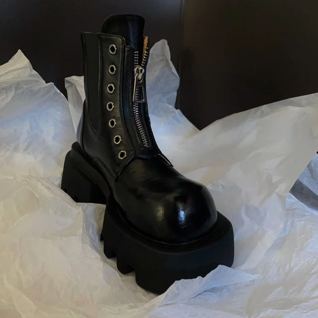 缇麦茵-<6.5cm>筒14cmT25818时尚潮酷小众前拉链个性切尔西靴