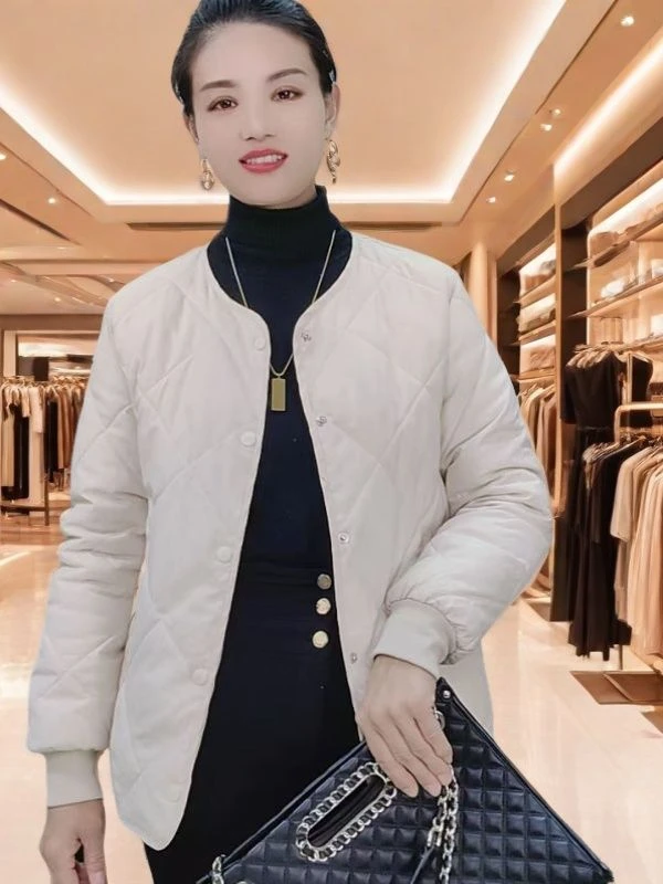 【升级定制】2025秋冬新款保暖圆领菱形格大码韩版棉服加厚短款