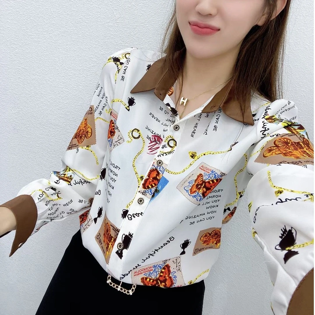 2024春季新款缎面印花气质长袖衬衫百搭小衫女时尚衬衣女宽松洋气