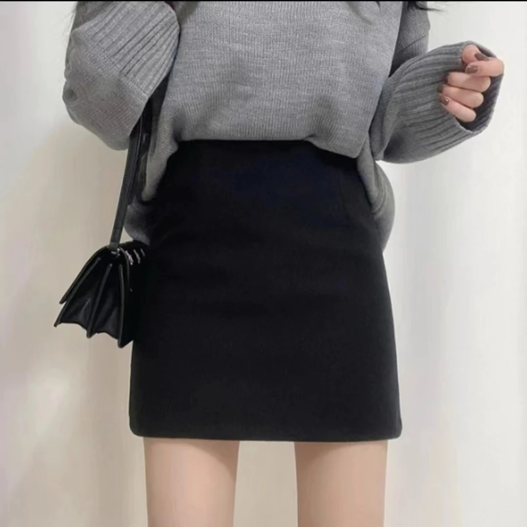 显瘦毛呢A字半身裙2025秋冬季新款女防走光黑色短裙时尚百搭25002