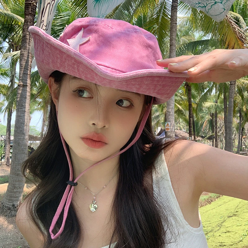 甜酷辣妹复古百搭露营遮阳防晒渔夫帽粉色星星西部牛仔帽子女夏季