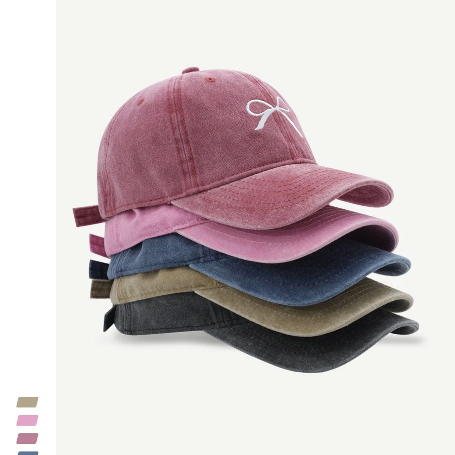 蝴蝶结刺绣棒球帽女2024春季新款水洗做旧美式复古宽檐遮脸鸭舌帽