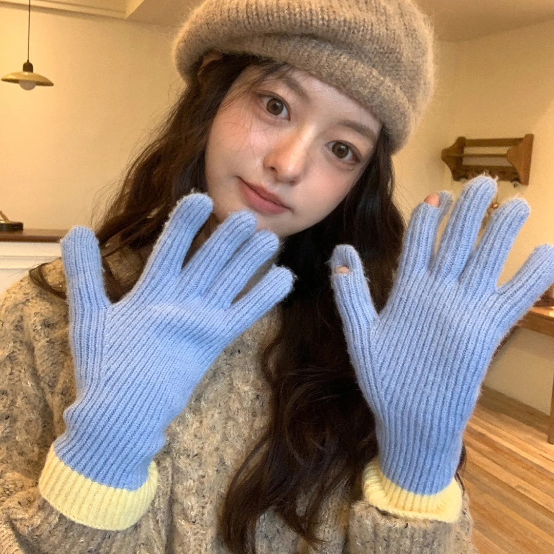 纯色毛线针织韩国贴标手套分指露指触屏防寒原宿风护手腕秋冬保暖
