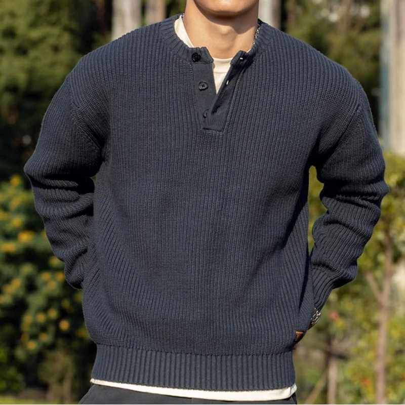 慵懒风毛衣宽松粗线亨利领男针织衫美式冬季加厚保暖打底衫