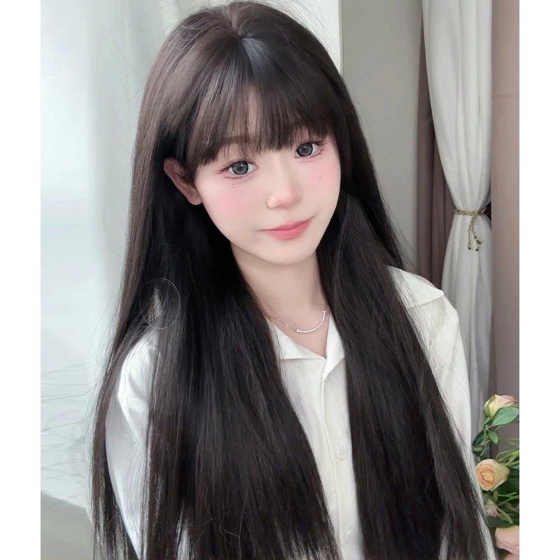丸子假发女黑色长直发款全头套长发仿真人自然网红黑长直女款发套