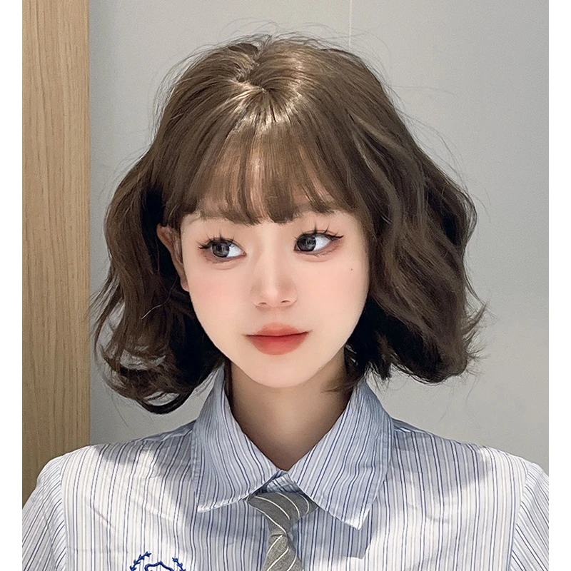 丸子假发冷棕色假发女波波头卷发全头套短发羊毛卷时尚自然假发套