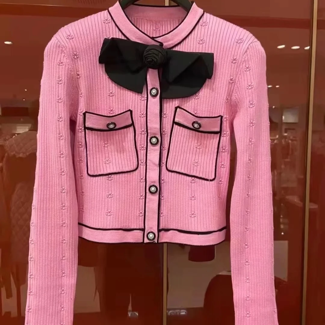 <猪猪出品>秋上新粉色小香风气质长袖时尚修身针织上衣设计师263