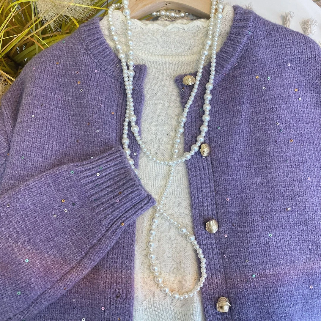 紫色圆领彩色小亮片秋冬针织开衫小短款毛衣外套女