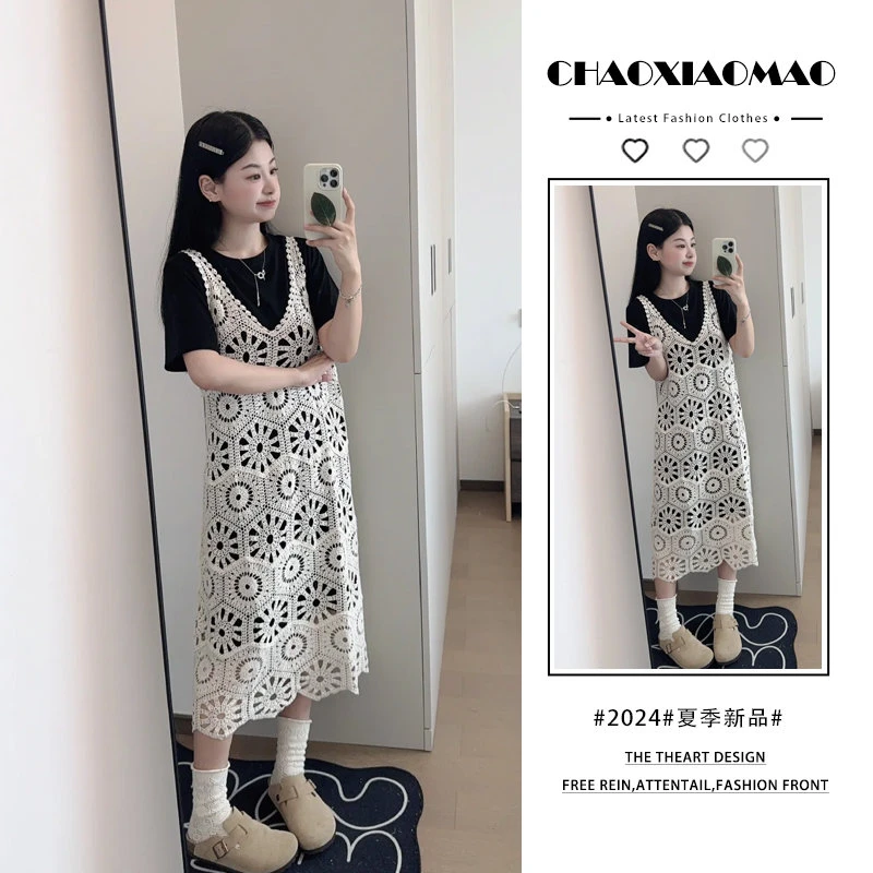2025年夏新款穿搭一整套韩系套装女韩版镂空罩衫短袖连衣裙两件套