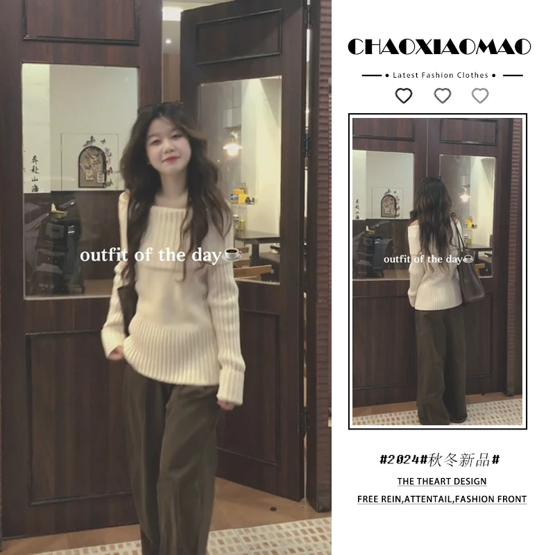 2024年秋季新款韩穿搭套装女设计感甜美露肩时尚毛衣阔腿裤两件套