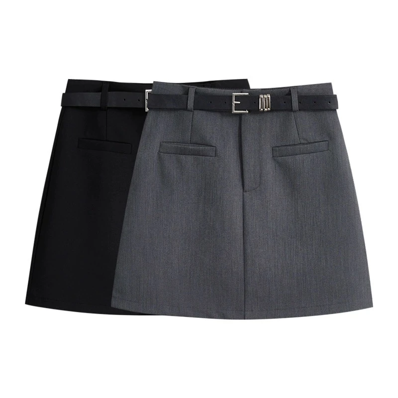 配腰带西装短裙女2025早春高腰显瘦A字裙百搭休闲靴裙黑色半身裙
